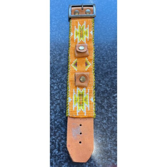 Vtg 1960's Hand Beaded Leather Watch Band Orange White Yellow Green Beading
